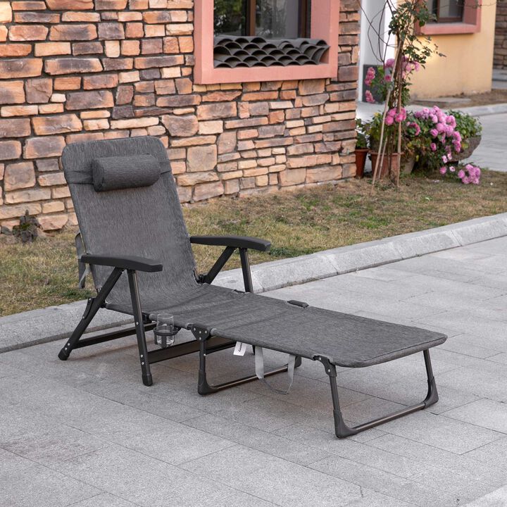 Folding Chaise Lounge Chair, Mesh Fabric Lounge Chair, 7-Reclining Position Sleeping Bed with Pillow & Cup Holder or Poolside, Deck, Backyard