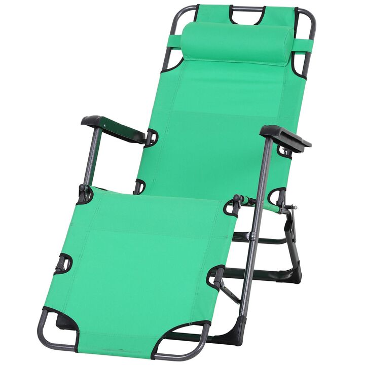 Folding Lounger Chair Metal Frame Outdoor Pool Sun Lounger Curved Reclining Chair 120Â° /180Â° W/ Head Pillow Green