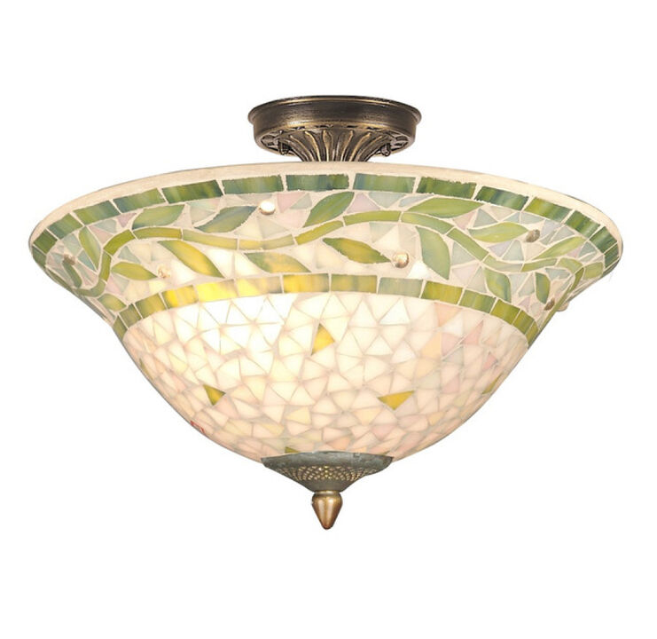 13.25" Antique Brass Cadena Glass Mosaic Flush Mount Ceiling Light Fixture