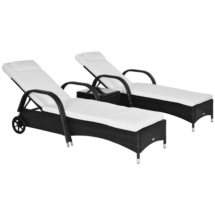 3 Pieces Patio Wicker Chaise Lounge Chair Set, Adjustable Outdoor PE Rattan Cushioned Lounge with Armrests, Side Table & Moving Wheels, Black