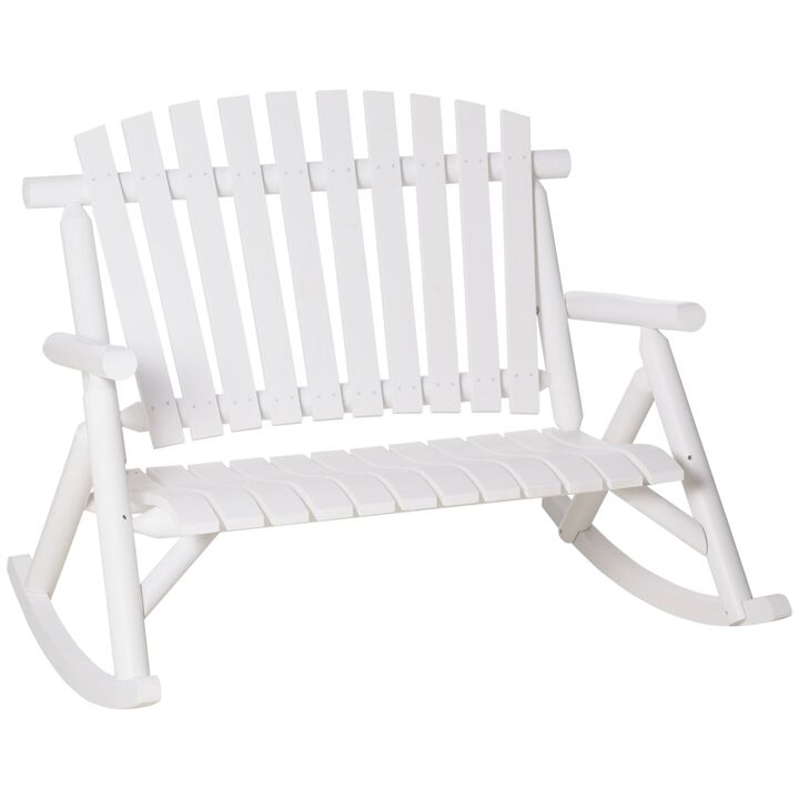 Wooden Rocking Chair,  2 Person Porch Rocker Bench, Indoor Outdoor Porch Rocker with Slatted Design, High Back for Backyard, Garden, White