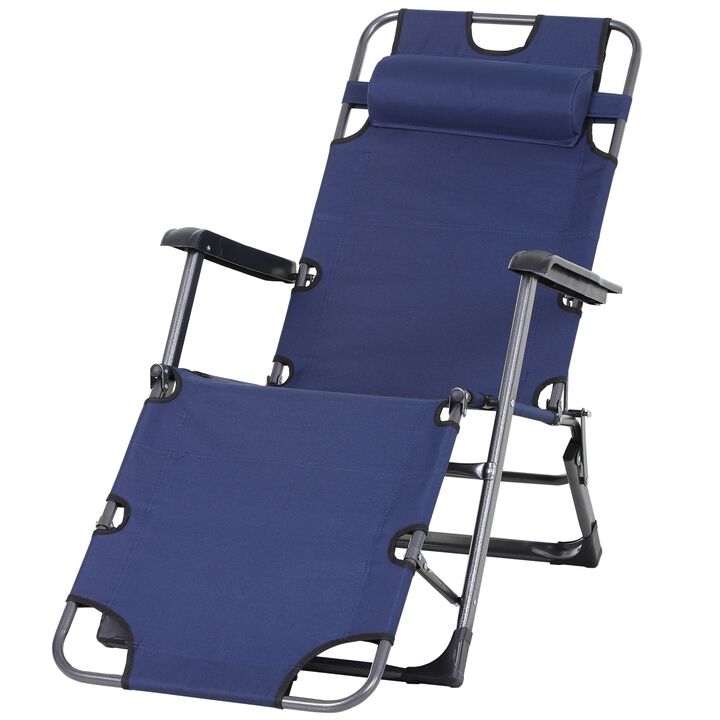 Folding Lounger Chair Metal Frame Folding Sun Lounger Curved Reclining Chair 120Â° / 180Â° W/ Head Pillow Navy