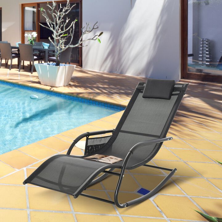 Outdoor Rocking Chair, Patio Sling Sun Lounger, Pocket, Recliner Rocker, Lounge Chair with Detachable Pillow for Deck, Garden or Pool, Black