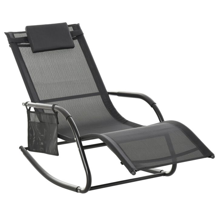 Outdoor Rocking Chair, Patio Sling Sun Lounger, Pocket, Recliner Rocker, Lounge Chair with Detachable Pillow for Deck, Garden or Pool, Black