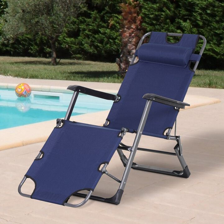Folding Lounger Chair Metal Frame Folding Sun Lounger Curved Reclining Chair 120Â° / 180Â° W/ Head Pillow Navy