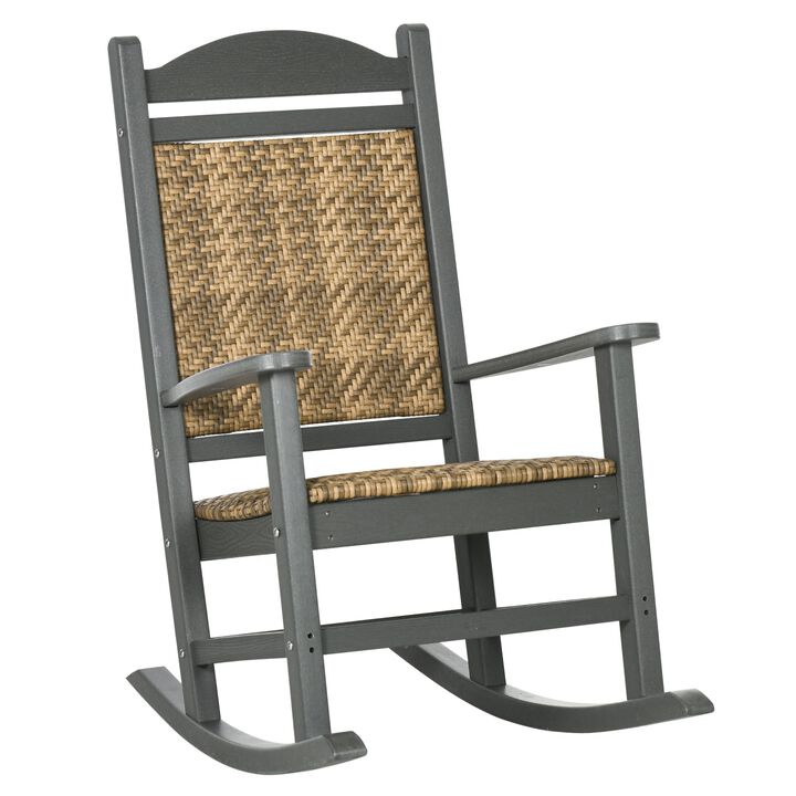 Outdoor Rocking Chairs, Porch Rocker w/ Soft Padded Seat and Backrest, Fade-Resistant HDPE Frame Rocker Chair with PE Rattan for Outdoor & Indoor Use, Dark Gray