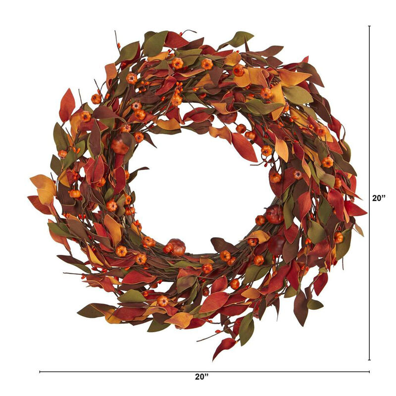 Nearly Natural 20-in Harvest Leaf and Mini Pumpkin Artificial Wreath