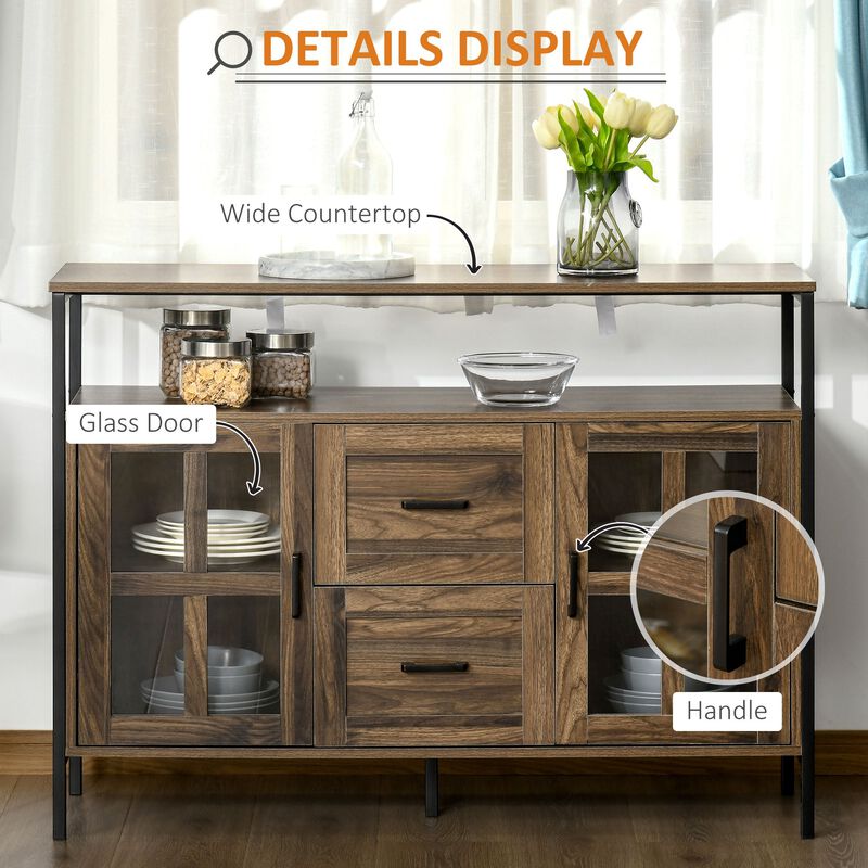 Rustic Kitchen Sideboard, Serving Buffet Cabinet with Adjustable Shelves, Glass Doors, and 2 Drawers for Living Room, Dark Walnut