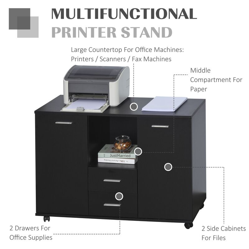 Multifunction Office Filing Cabinet Printer Stand with 2 Drawers, 2 Shelves, & Smooth Counter Surface, Black