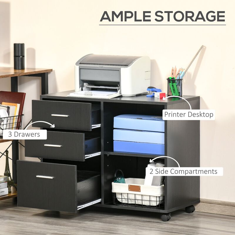 3 Drawer Printer Stand, Mobile Lateral File Cabinet with 2 Storage Shelves for Home Office, Black