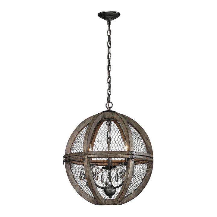 21" Aged Wood and Bronze Wired Mesh 3-Light Round Chandelier