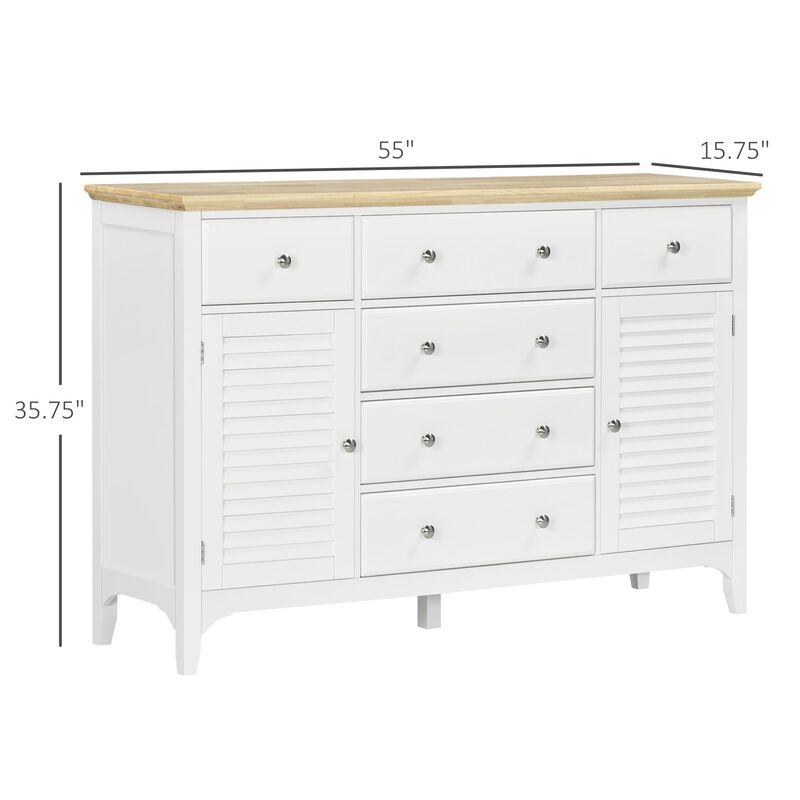 Modern Sideboard with Drawers, Buffet Cabinet with Storage Cabinets, Rubberwood Top and Adjustable Shelves for Living Room, Kitchen, White