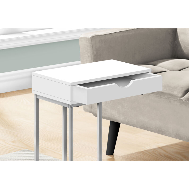 Monarch Specialties I 3774 Accent Table, C-shaped, End, Side, Snack, Storage Drawer, Living Room, Bedroom, Metal, Laminate, White, Grey, Contemporary, Modern
