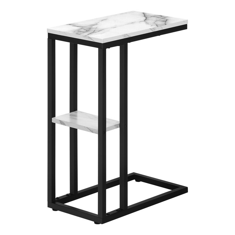 Monarch Specialties I 3675 Accent Table, C-shaped, End, Side, Snack, Living Room, Bedroom, Metal, Laminate, White Marble Look, Black, Contemporary, Modern
