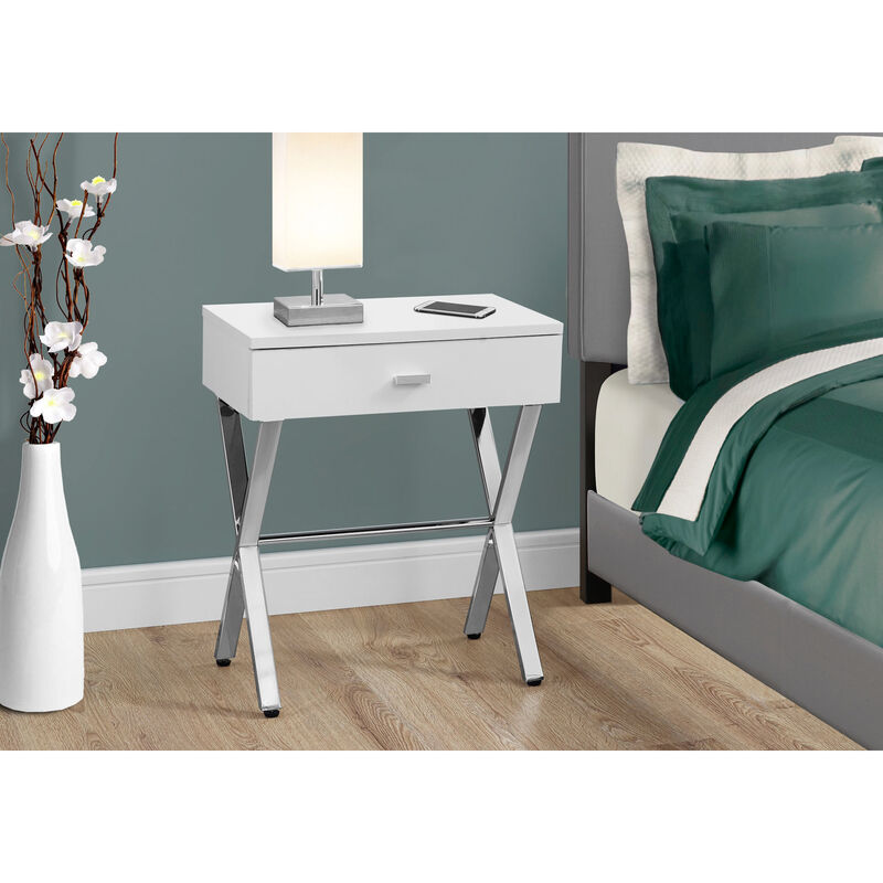 Monarch Specialties I 3262 Accent Table, Side, End, Nightstand, Lamp, Storage Drawer, Living Room, Bedroom, Metal, Laminate, Glossy White, Chrome, Contemporary, Modern