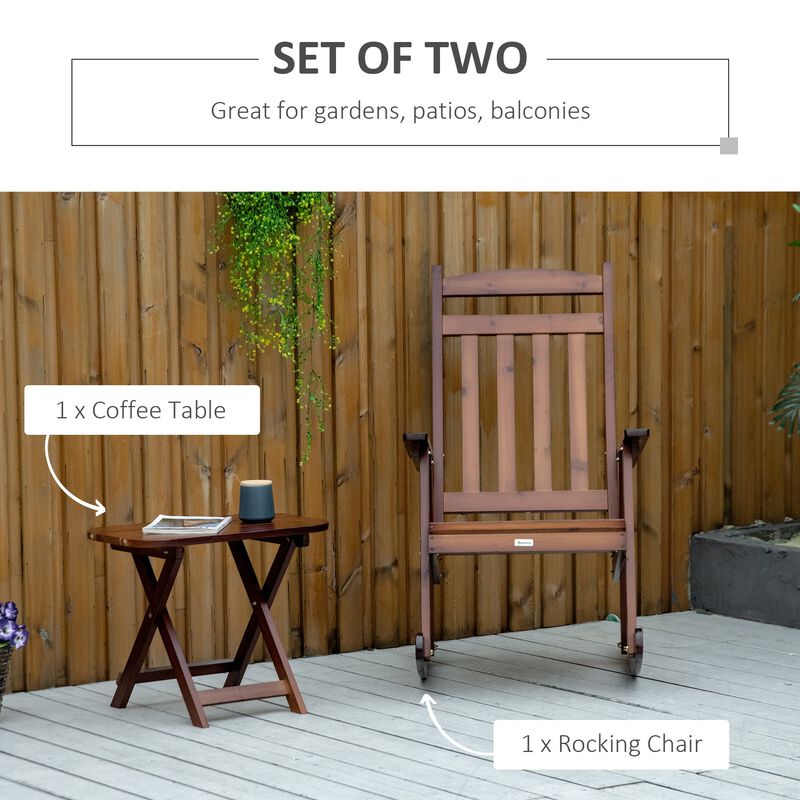 Wooden Outdoor Rocking Chair, 2-Piece Porch Rocker Set with Foldable Table for Patio, Backyard and Garden, Brown