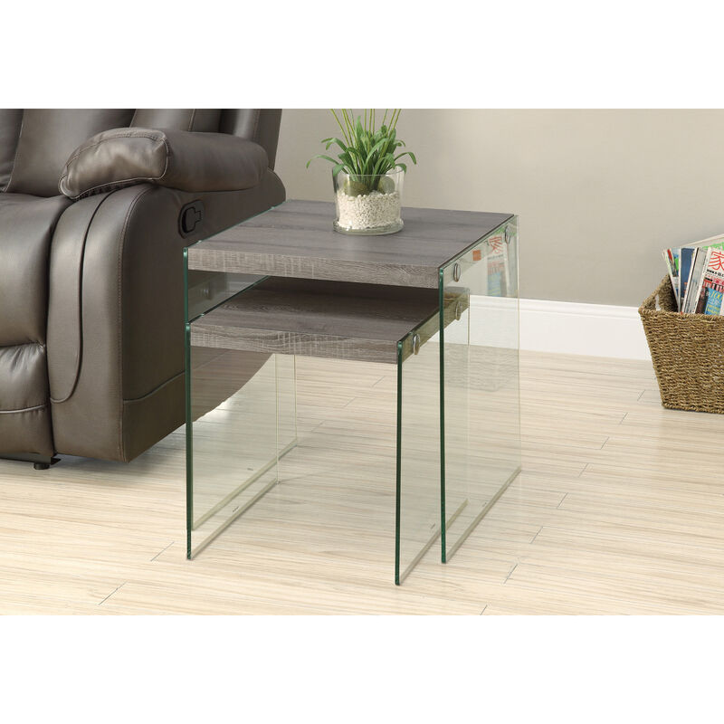 Monarch Specialties I 3053 Nesting Table, Set Of 2, Side, End, Accent, Living Room, Bedroom, Tempered Glass, Laminate, Brown, Clear, Contemporary, Modern