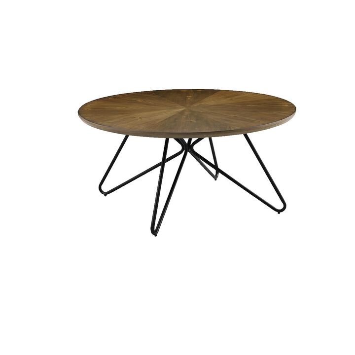 Dual Tone Round Wooden Coffee Table with Metal Hairpin Legs,Brown and Black - Benzara