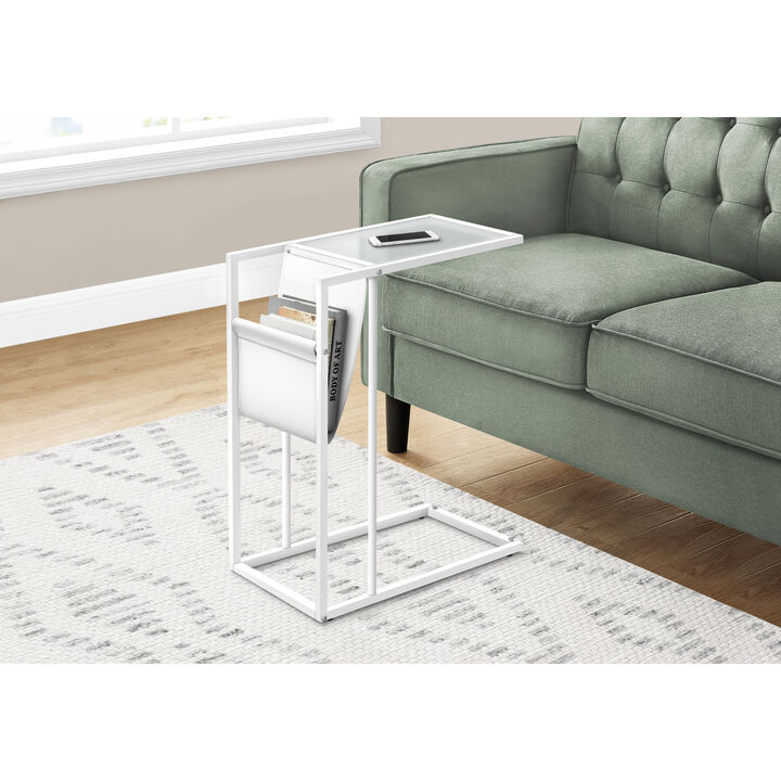 Monarch Specialties I 3067 Accent Table, C-shaped, End, Side, Snack, Magazine Storage, Living Room, Bedroom, Metal, Pu Leather Look, Tempered Glass, White, Contemporary, Modern