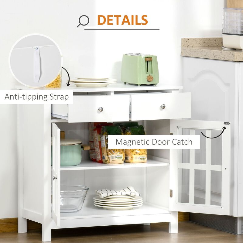 Sideboard Buffet Cabinet, Storage Cupboard with Glass Doors, Adjustable Shelf and 2 Drawers for Kitchen, White