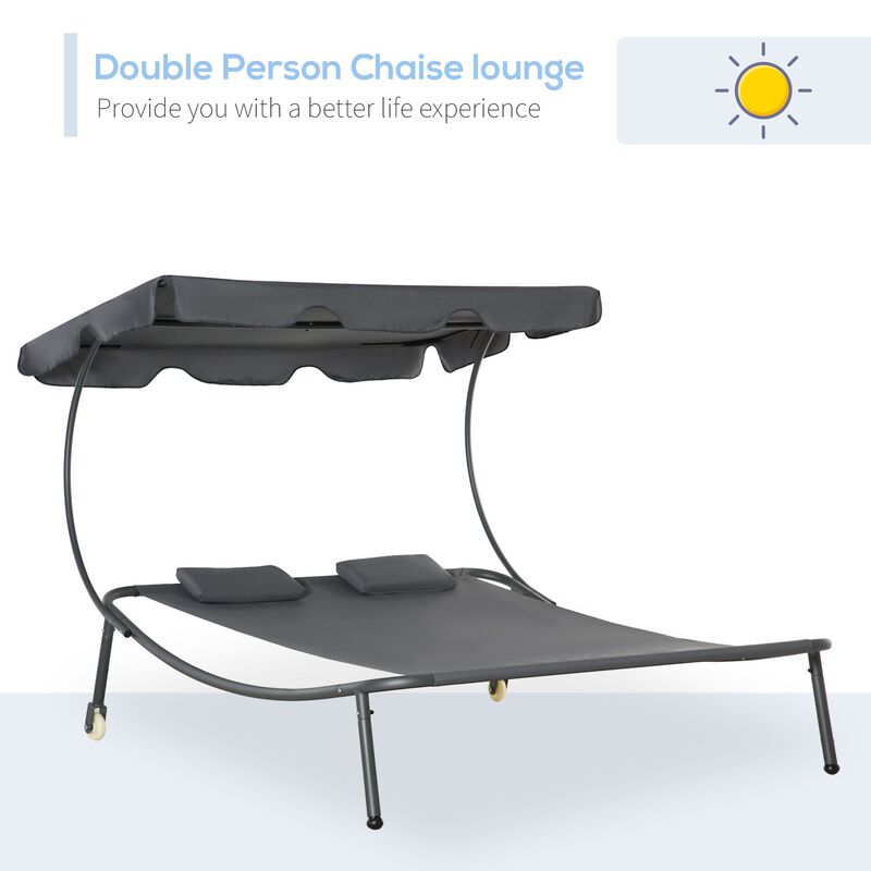 Patio Double Chaise Lounge Outdoor with Adjustable Canopy and Pillow, Wheeled Hammock Bed for Sun Room, Garden, Poolside, Grey