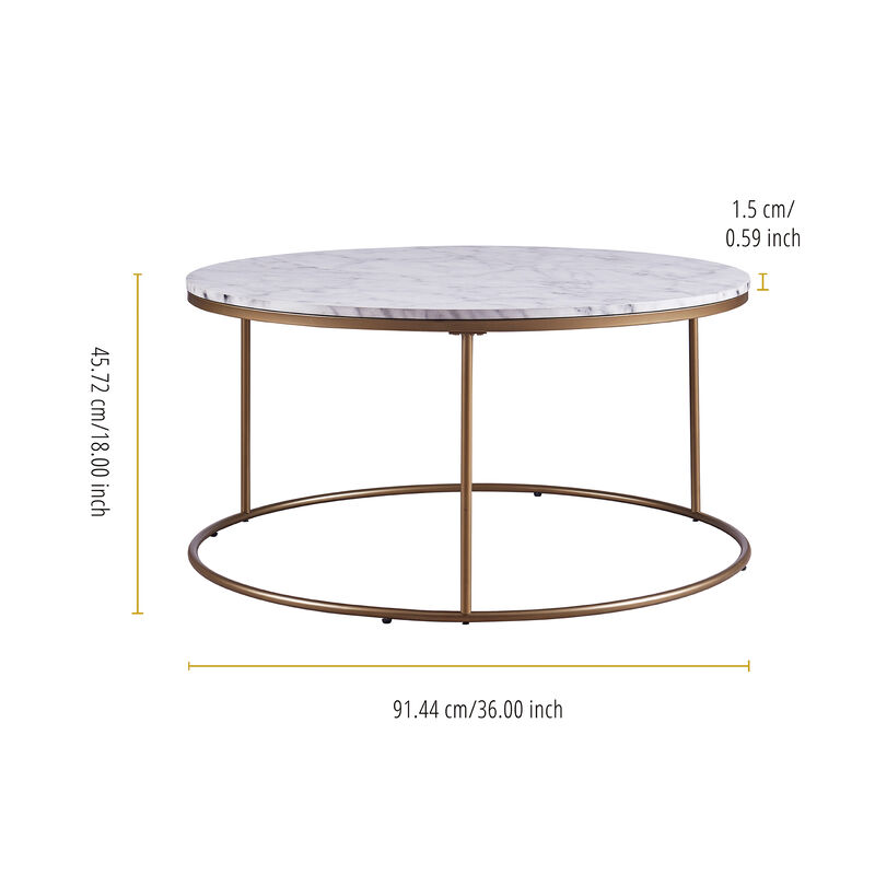Teamson Home Marmo Modern Marble-Look Round Coffee Table, Faux Marble/Brass