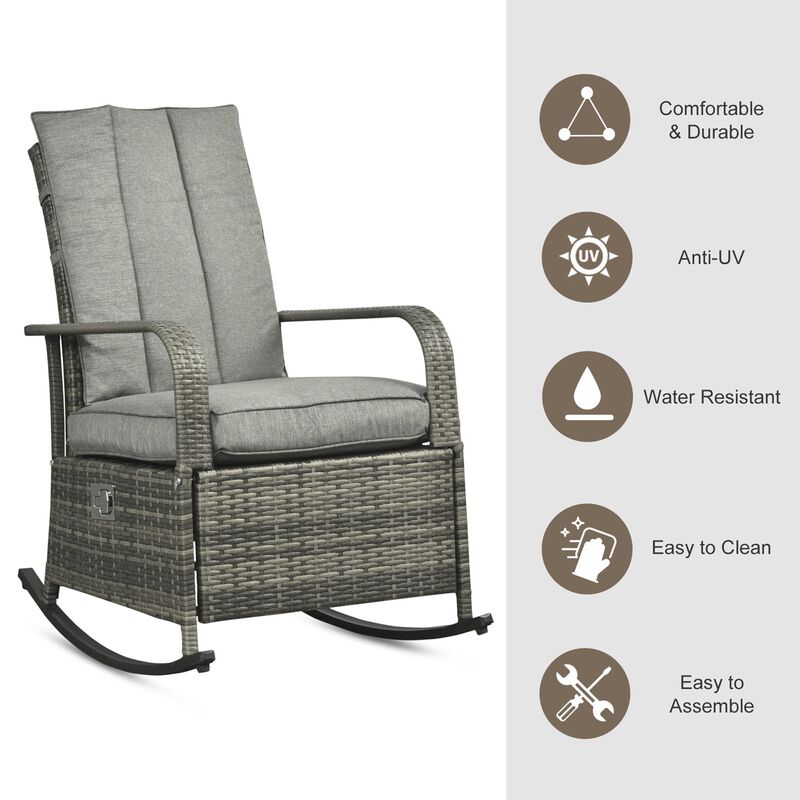 Outdoor Rattan Wicker Rocking Chair Patio Recliner with Soft Cushion, Adjustable Footrest, Max. 135 Degree Backrest, Grey
