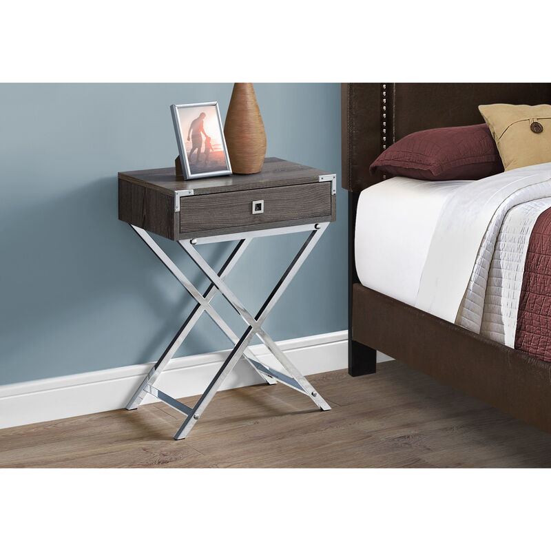 Monarch Specialties I 3555 Accent Table, Side, End, Nightstand, Lamp, Storage Drawer, Living Room, Bedroom, Metal, Laminate, Brown, Chrome, Contemporary, Modern