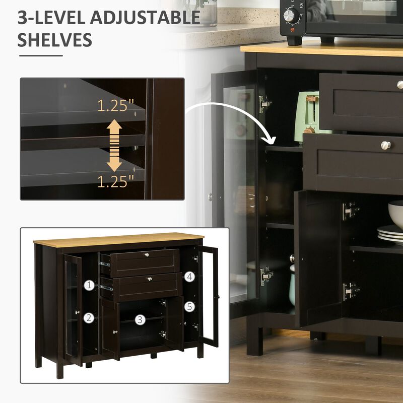 47" Modern Buffet Cabinet, Storage Sideboard with Glass Door Cabinets, Pull-Out Drawers and Adjustable Shelving for Kitchen, Oak/Dark Brown