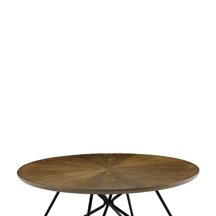 Dual Tone Round Wooden Coffee Table with Metal Hairpin Legs,Brown and Black - Benzara