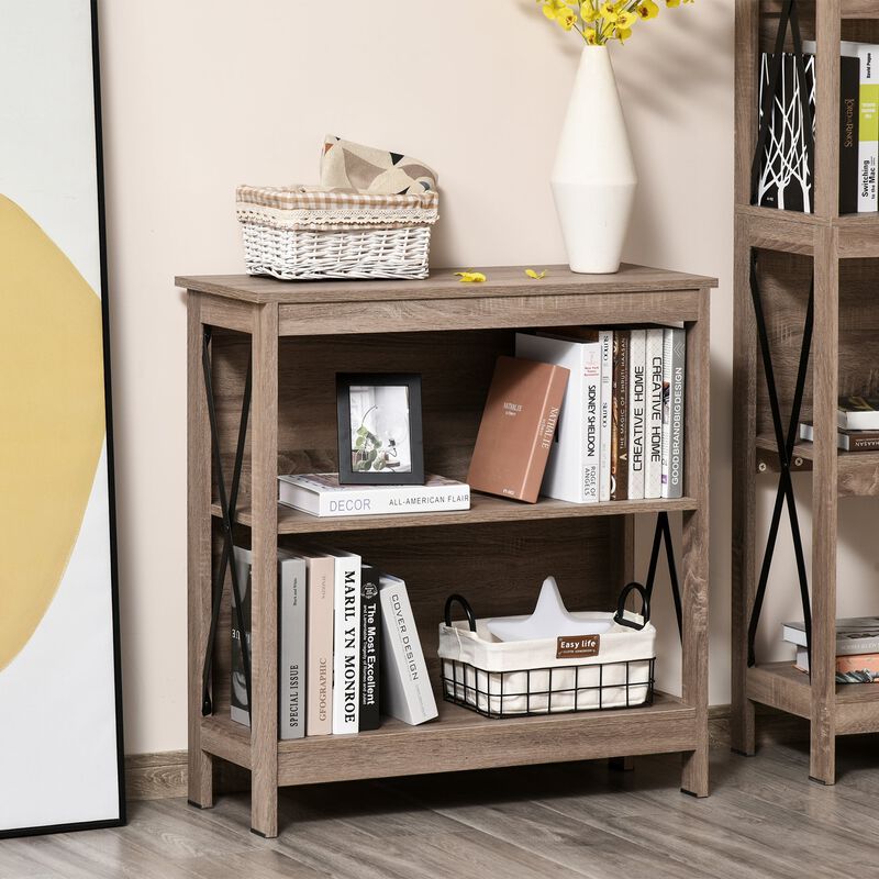 Industrial Style 2-Tier Bookcase Bookshelf Open Shelving Display Storage Unite with Metal X-Bar for Living Room Dining Room Study Office Dark