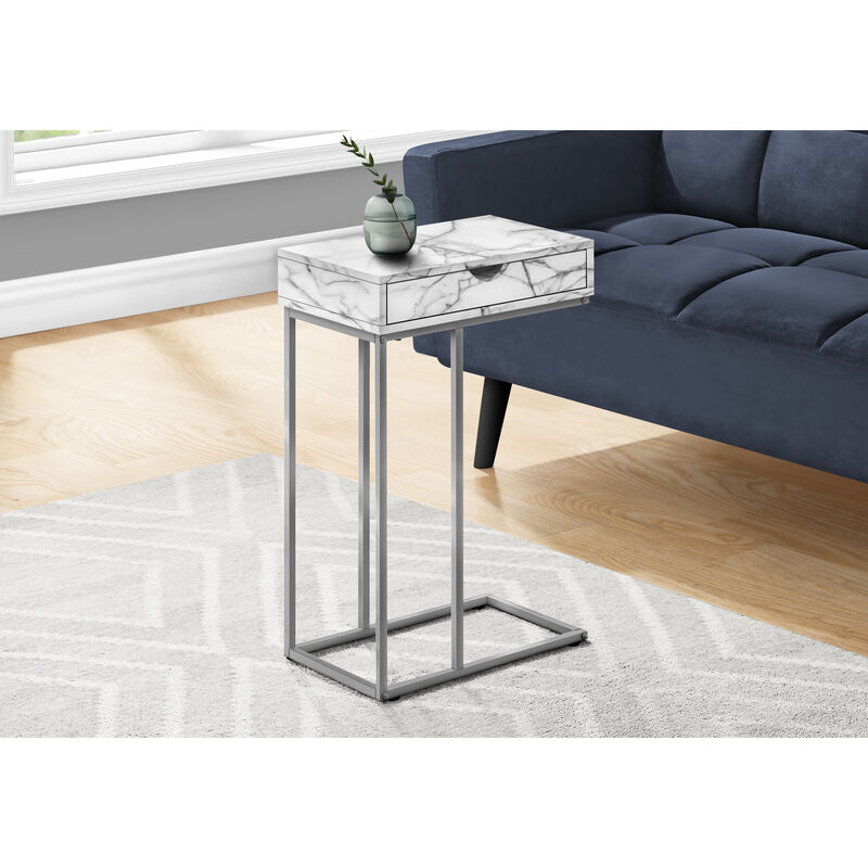 Monarch Specialties I 3772 Accent Table, C-shaped, End, Side, Snack, Storage Drawer, Living Room, Bedroom, Metal, Laminate, White Marble Look, Grey, Contemporary, Modern