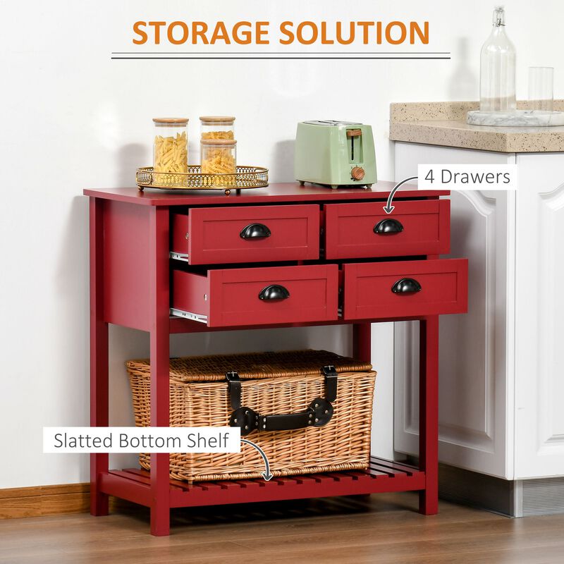 Sideboard Buffet Cabinet, Storage Serving Console Table with 4 Drawers and Slatted Bottom Shelf for Kitchen, Living Room, Red