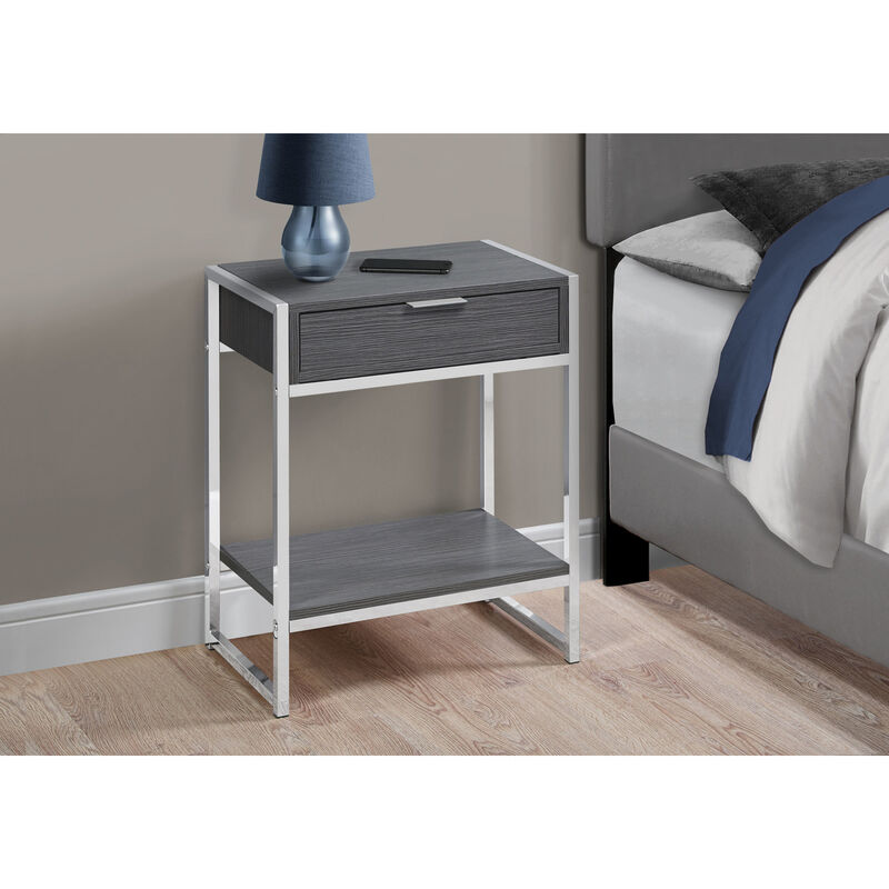 Monarch Specialties I 3484 Accent Table, Side, End, Nightstand, Lamp, Storage Drawer, Living Room, Bedroom, Metal, Laminate, Grey, Chrome, Contemporary, Modern