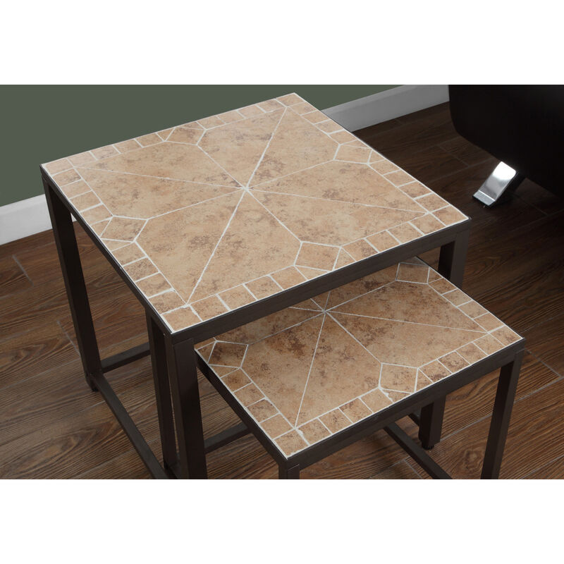 Monarch Specialties I 3161 Nesting Table, Set Of 2, Side, End, Metal, Accent, Living Room, Bedroom, Metal, Tile, Brown, Transitional