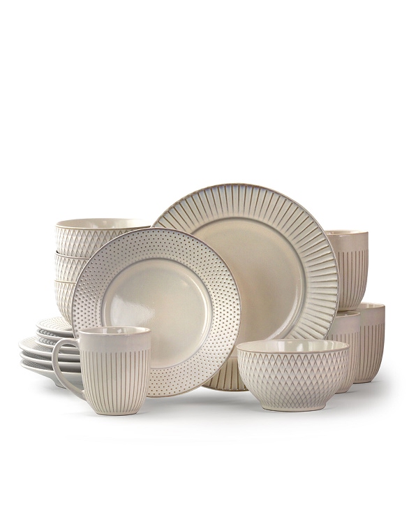 Elama Market Finds 16 Piece Round Stoneware Dinnerware Set in Embossed White