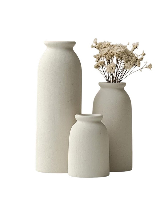  Texas Style Set of 3 Beige Ceramic Vases – Small Modern Boho Farmhouse Centerpieces for Dried Flowers