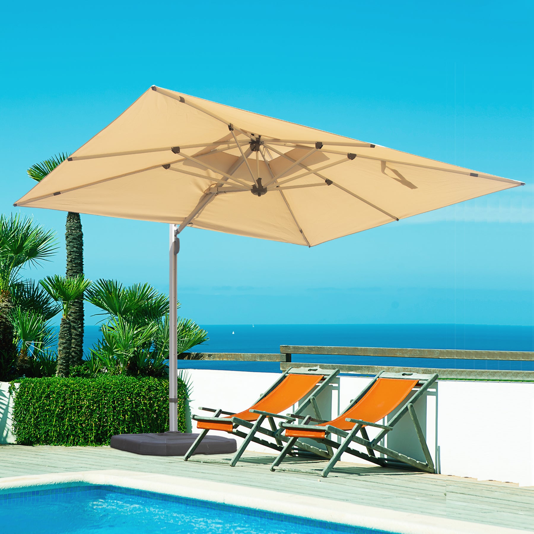 9.6' eastlake offset patio umbrella EAST OAK Umbrella, 9 ft Outdoor Table with 40 LED Solar Lights of Waterproof and UV 30+ Fade Resistant for Garden, Deck, Backyard, Pool and Beach, Beige level) for block the sun at various angles Easily open and close with crank handle 8 sturdy metal ribs provide extra support Air vent allows enough air flow and ensures the umbrella stability Base 9 Foot Manual Tilt Aluminum