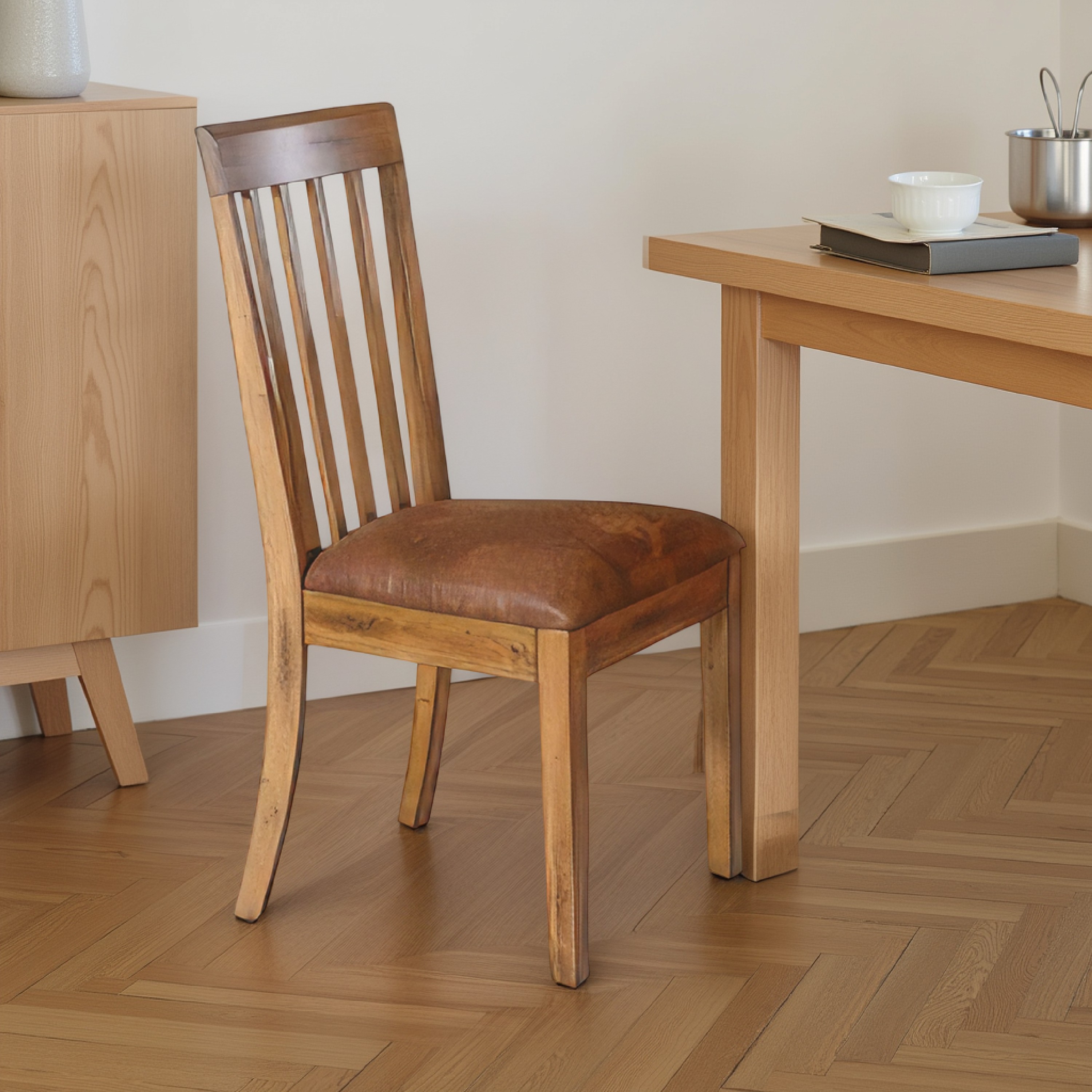 Marv Set of 2 Dining Chairs, Slat Back, Light Brown Microfiber 