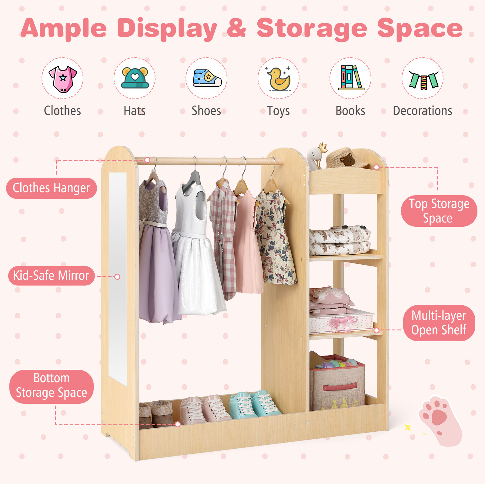 Slickblue Kids Costume Organizer Wardrobe with Mirror, Hooks & Shelves in White | Mathis Home