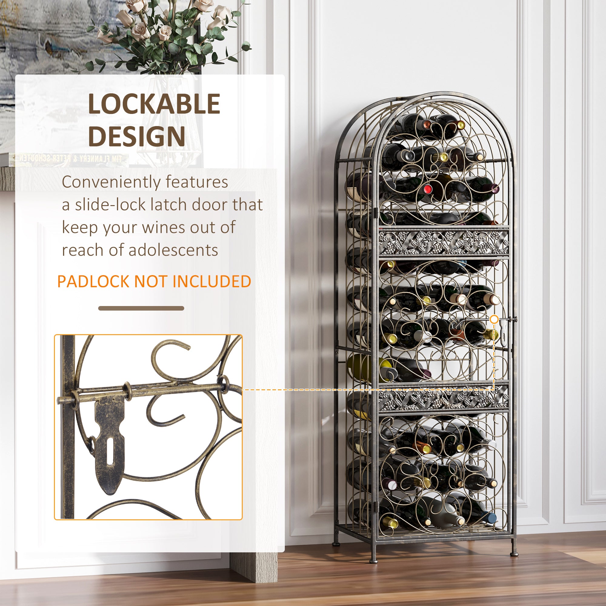 Antique Bronze Cellar: 45-Bottle Floor Wine Rack with Locking Door