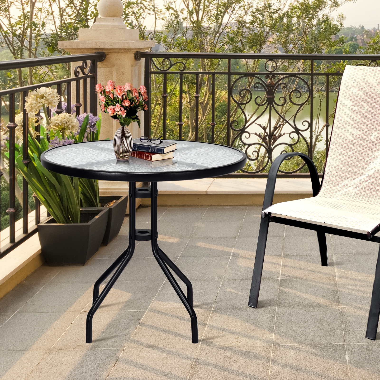 32 Inch Outdoor Patio Round Tempered Glass Top Table with Umbrella