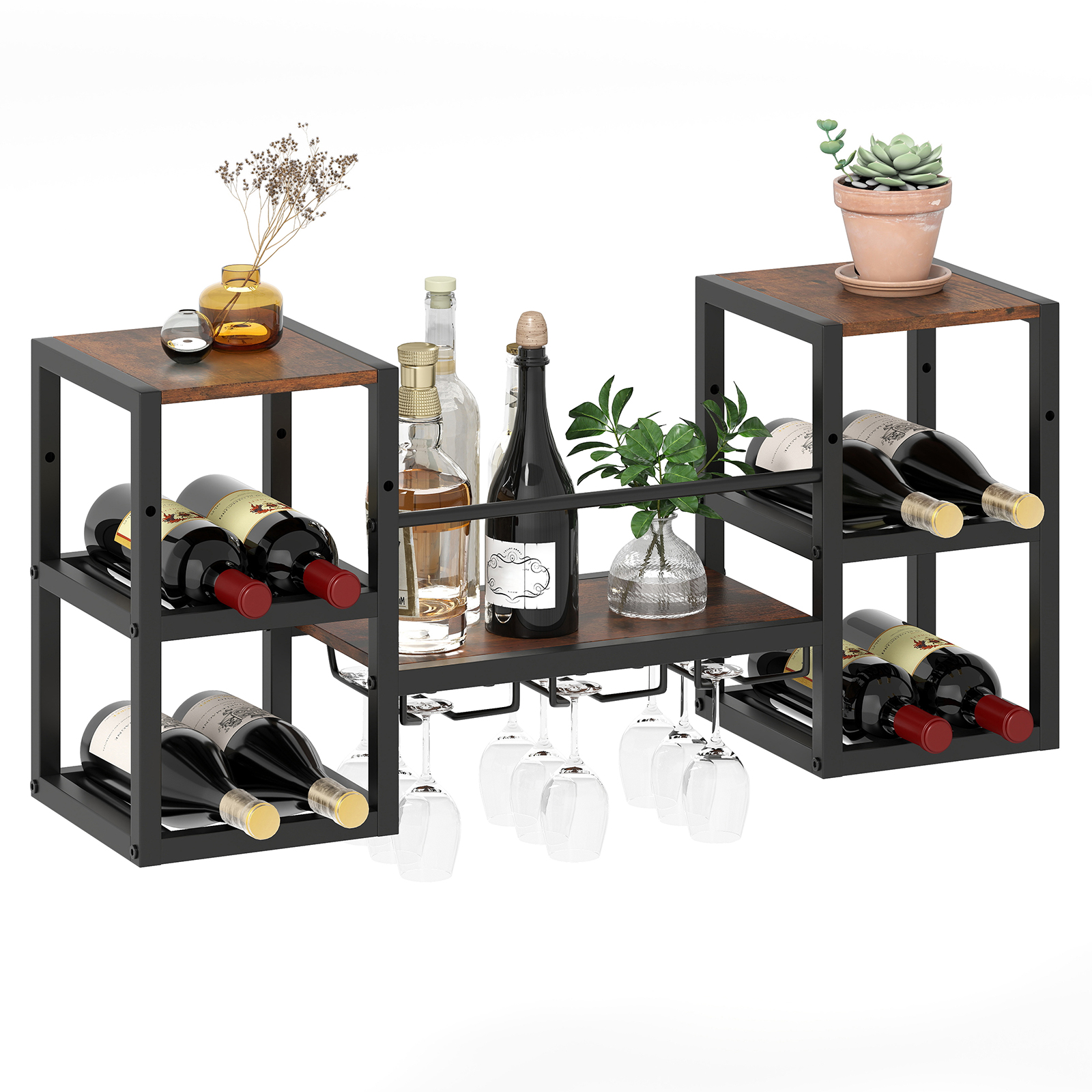 Slickblue Heavy-duty Wall Mounted Wine Rack with Glass Holder Metal Frame 8-Bottle Holder in Rustic Brown | Mathis Home