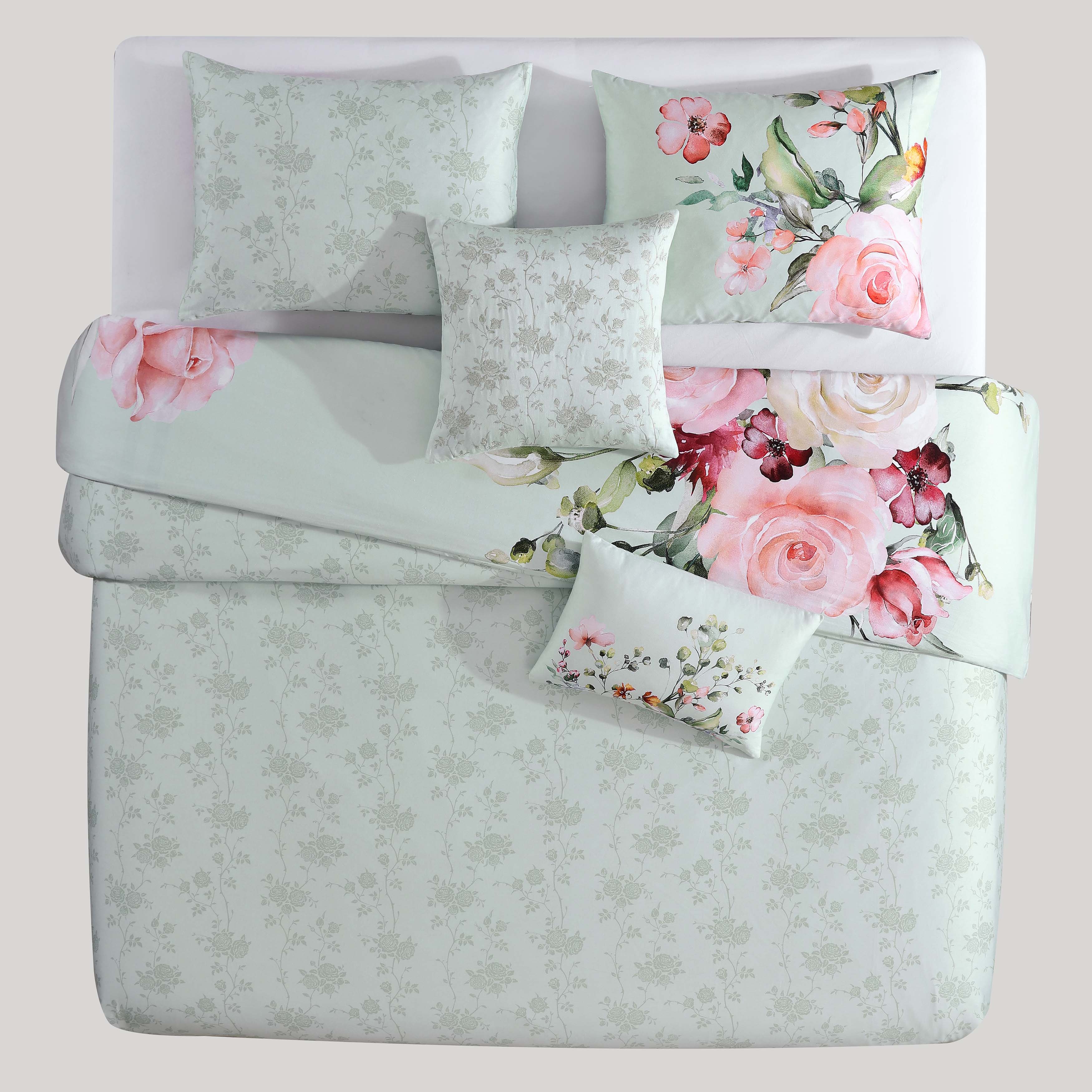 Bebejan Rose on Misty Green 100% Cotton 5-Piece Reversible Comforter Set - King