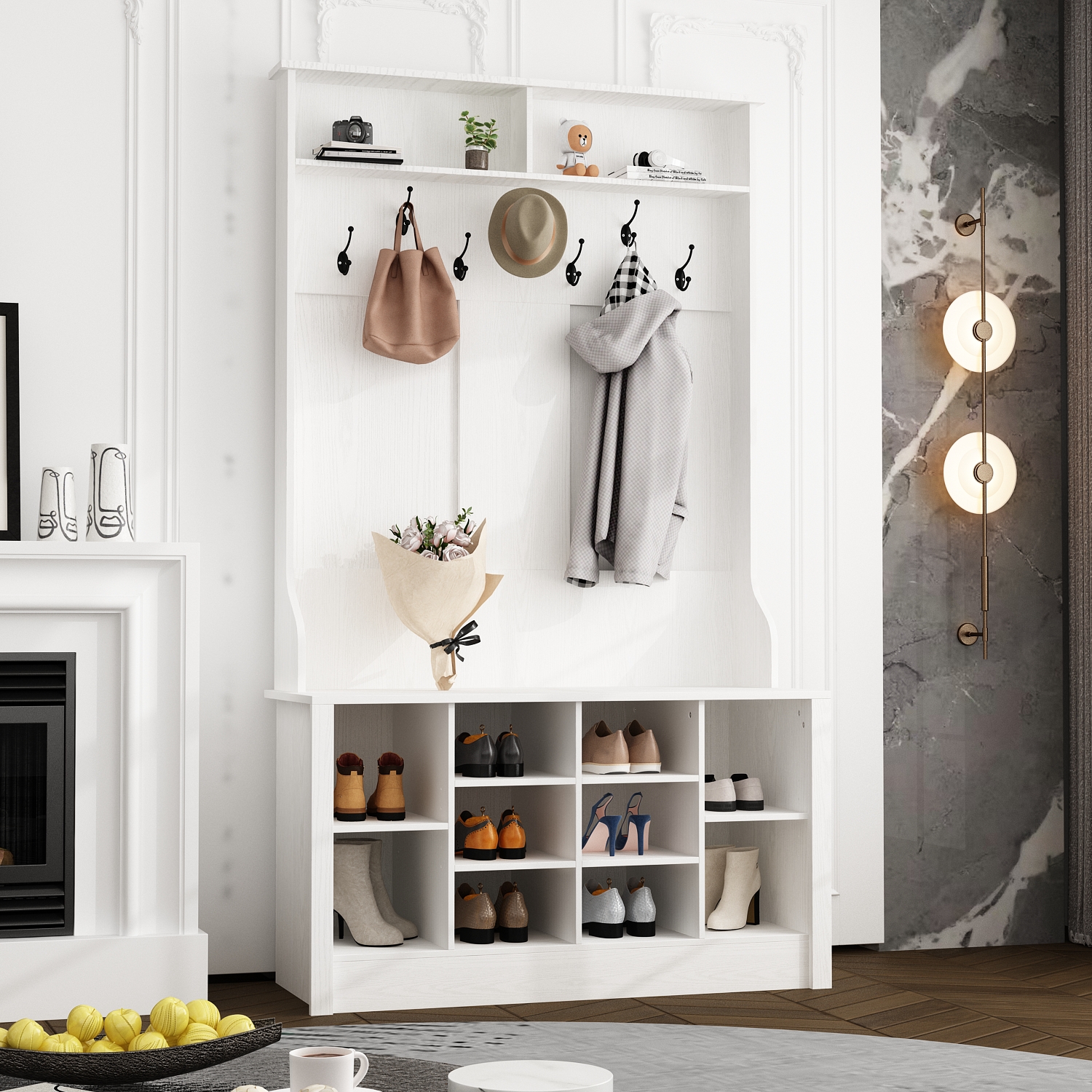 5-in-1 Hall Tree With Storage Bench, Entryway Bench With Shutter