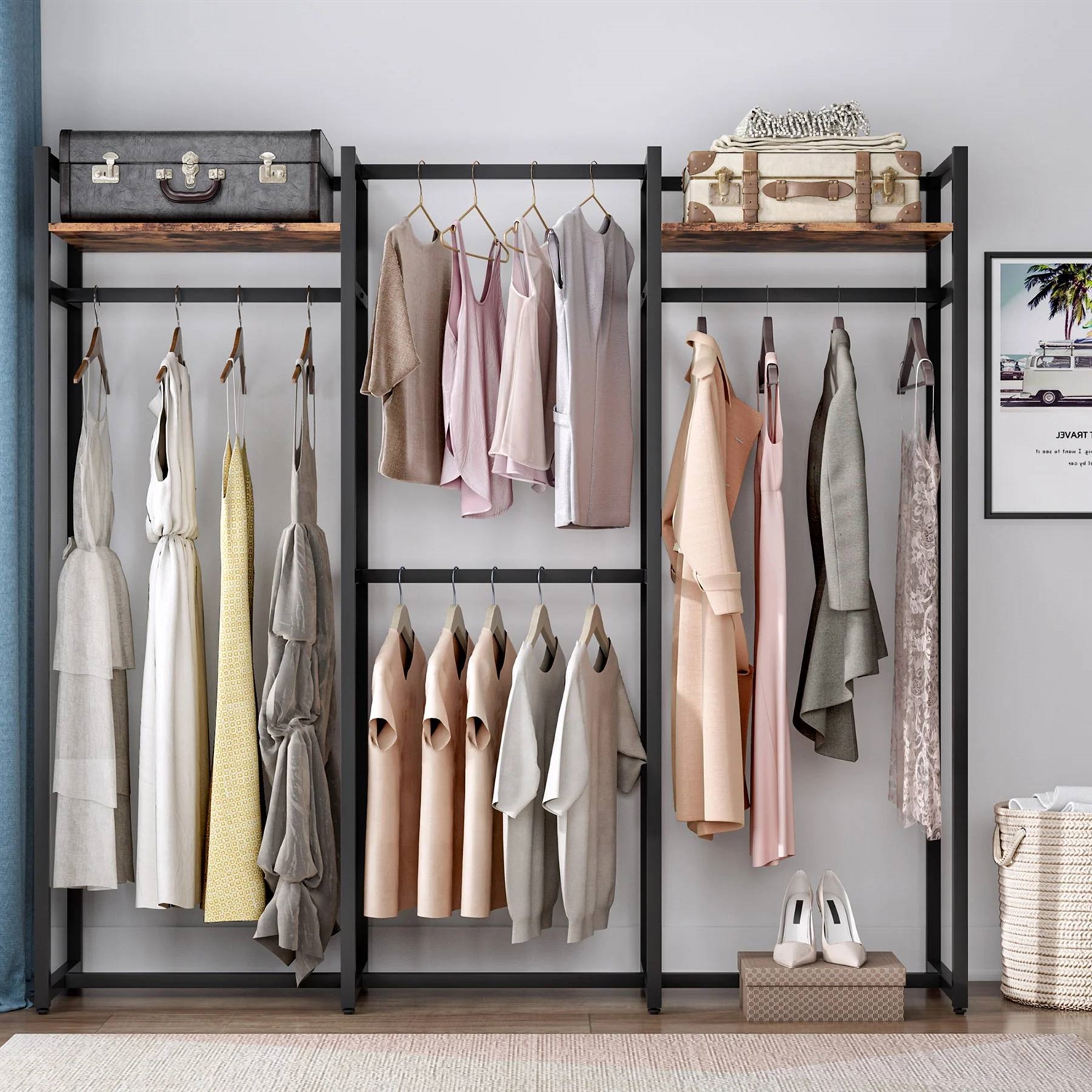 Metal Garment Rack with 4 Rods & 2 Wood Shelves Durable Clothing