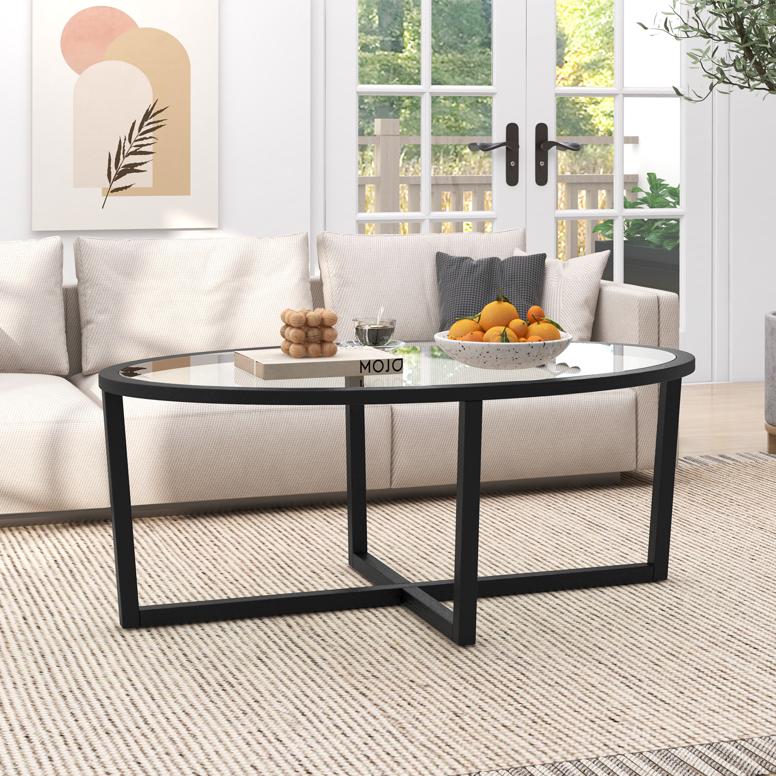 Oval Glass Coffee Table with Cross Base and Acacia Wood Legs for
