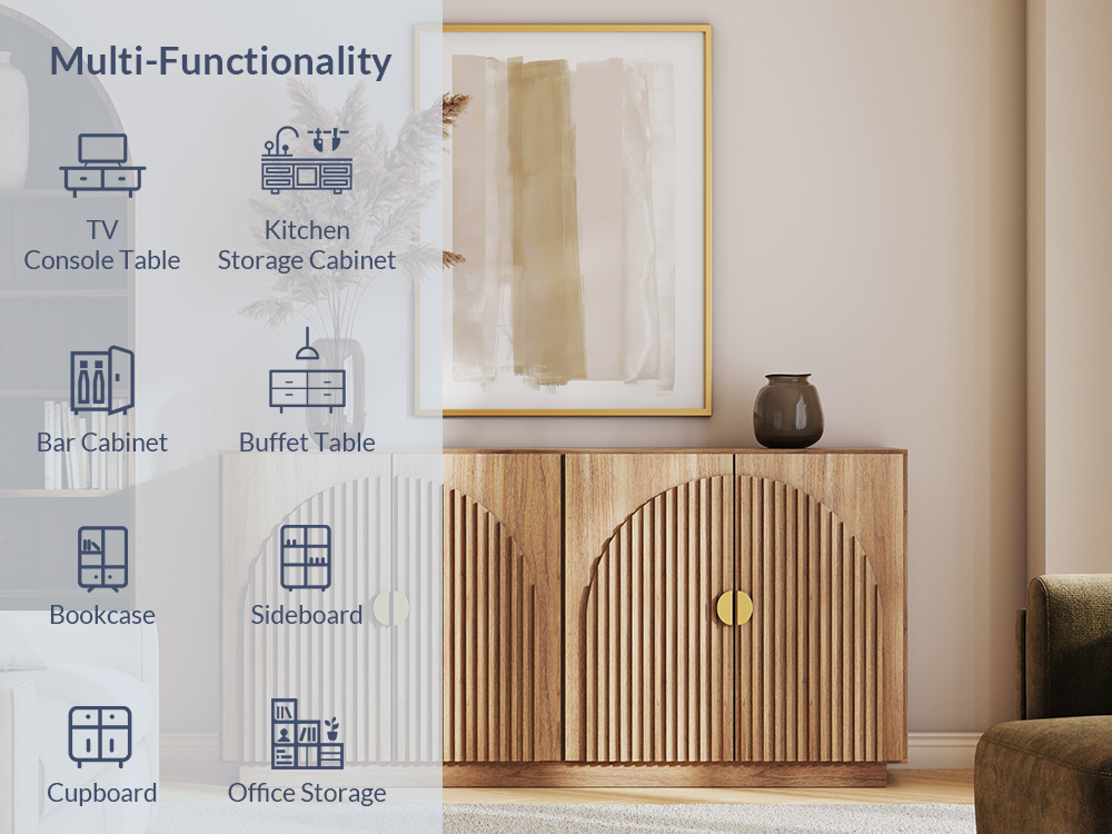 BELLEZE 65 Inch Fluted Buffet Cabinet with Storage, Symmetrical Arc Accent Sideboard Large Console Table for Dining Room, Kitchen, and Living Room (Caramel Brown)