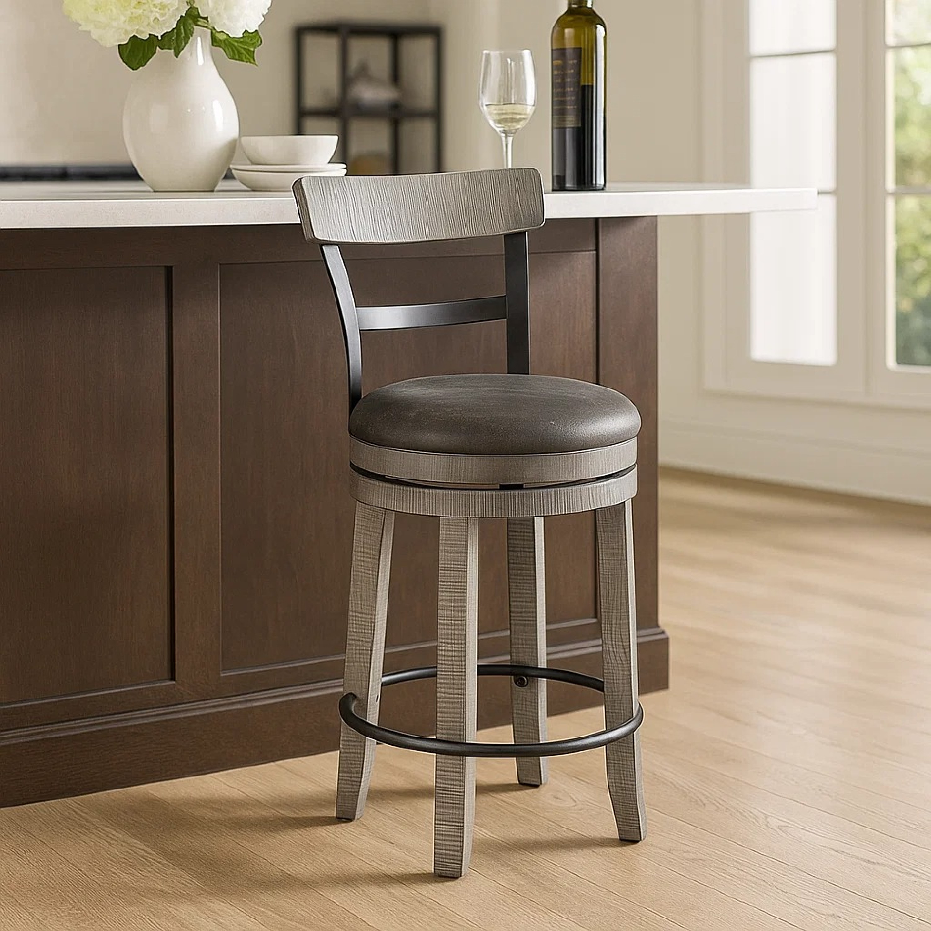 Zeka Swivel Counter Stool Chair Set of 2, Faux Leather, Gray Mahogany
