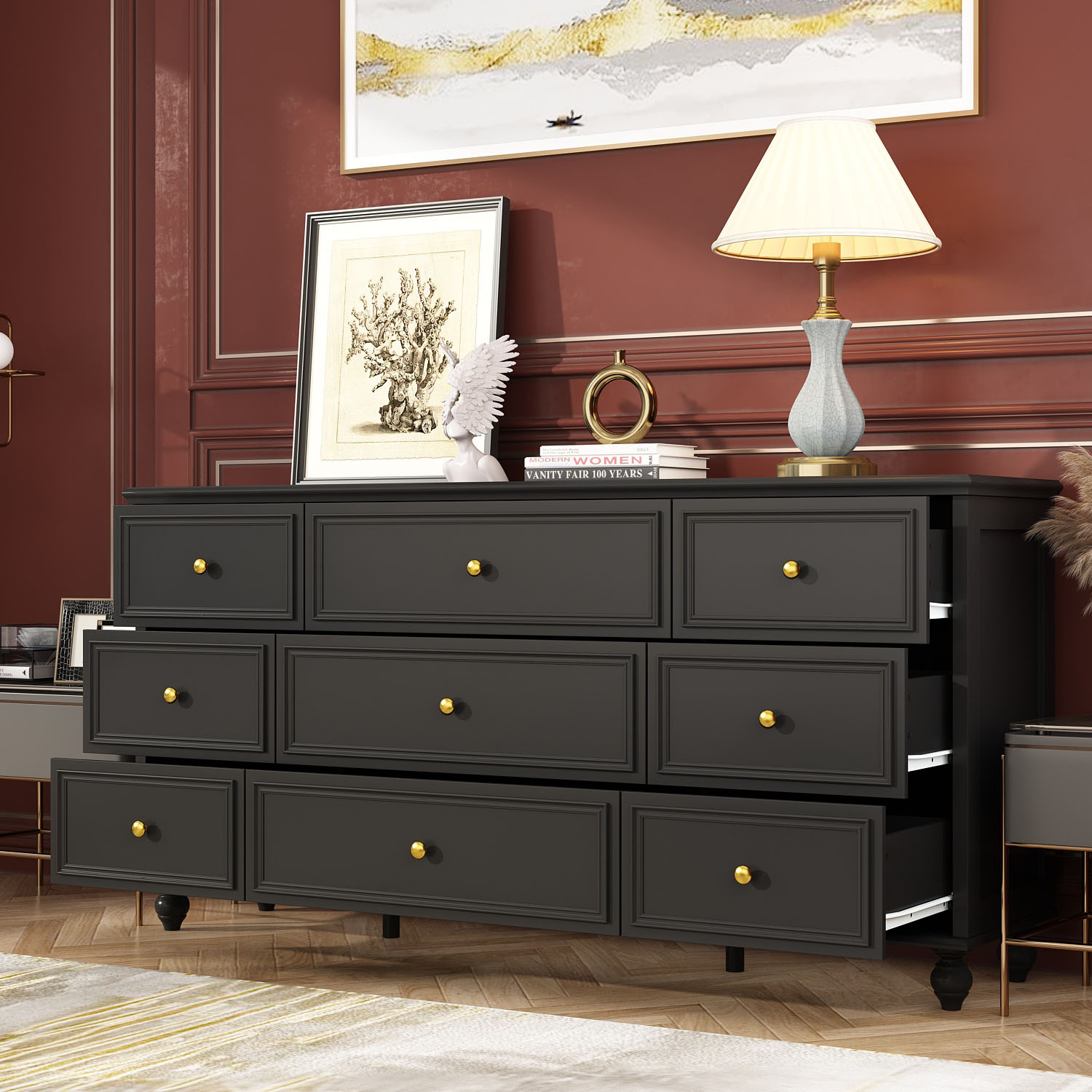 FUFU&GAGA Black Wooden 9-Drawer Chest of Drawers 63 in. W x 31.5 in. H x 15.7 in. D Dresser, Modern European Style